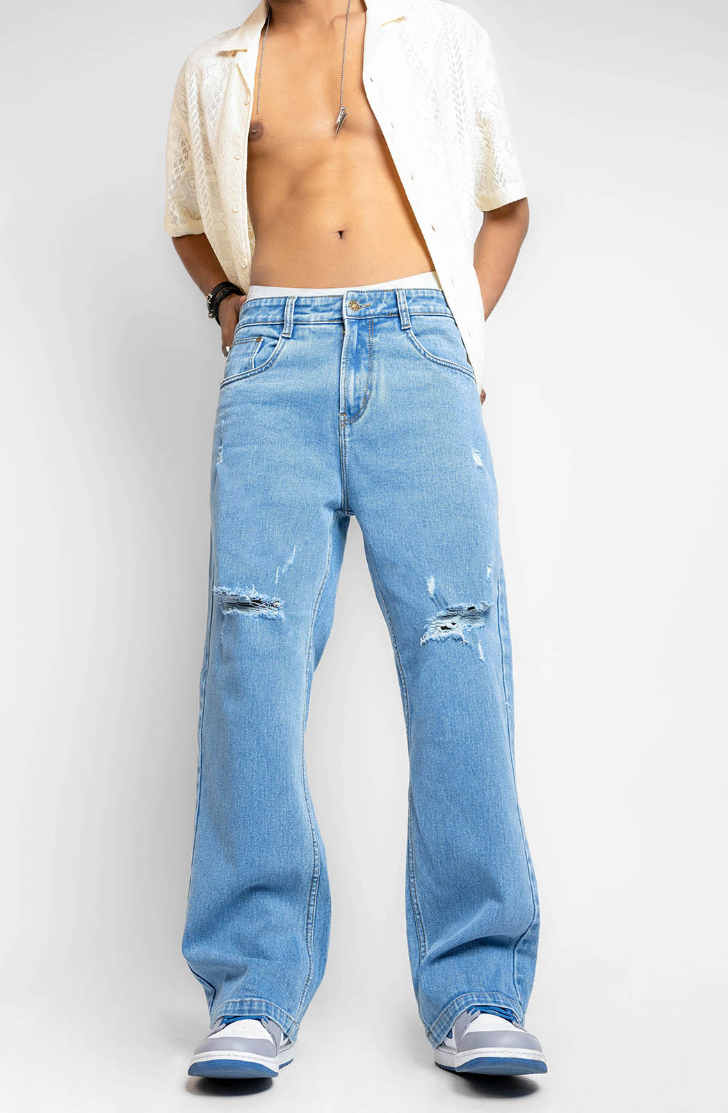 Ice Blue Distressed Baggy Jeans